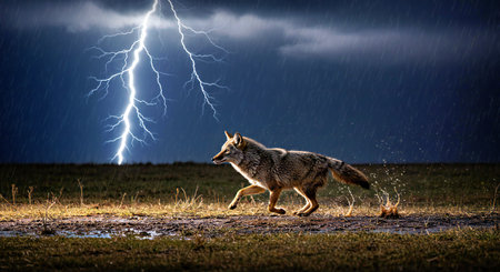 Wild coyote in the rain with lightning and thunderstorm in the background