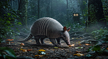 Armadillo in the forest at night. 3d rendering.の写真素材