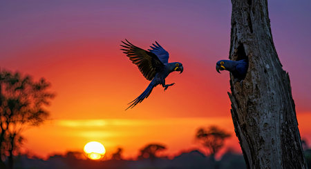 Two macaw parrots flying in a tree at sunsetの写真素材