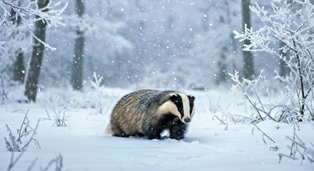 Badger in winter forest. Wild animal in nature habitat. Winter scene.の写真素材
