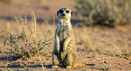 Meerkat sitting on the ground, Kalahari desert, South Africaの写真素材