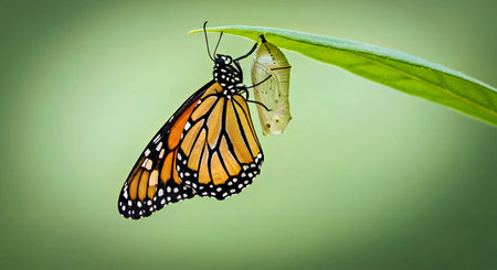 Butterfly emerging from the chrysalis of a monarch butterflyの写真素材