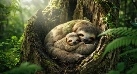 Mother and baby sloth sleeping in a tree in the rainforestの写真素材
