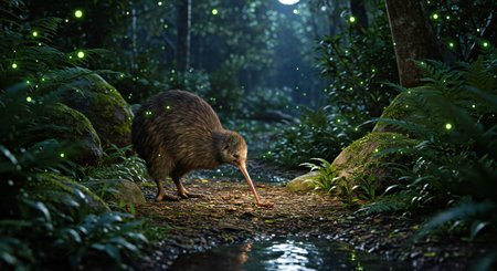 Kiwi bird at night in the rainforest. 3d renderingの写真素材