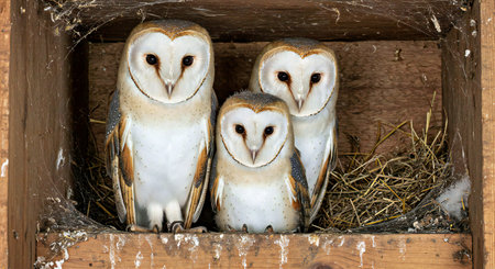 Three barn owls sitting in a wooden box on a farm.の写真素材