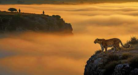 Leopard on the cliff with mist at sunrise