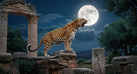Leopard in the ruins of an ancient city at night with full moonの写真素材