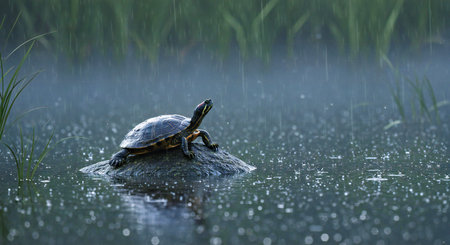 Turtle on a rock in the water with drops of water.の写真素材
