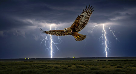 Hawk in the steppe of Kazakhstan with lightning in the backgroundの写真素材