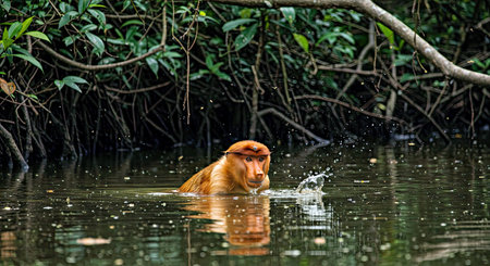 The long-nosed monkey (Nasalis larvatus) in the rainforest of Borneo.