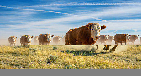 Herd of cows grazing in a meadow on a sunny dayの写真素材