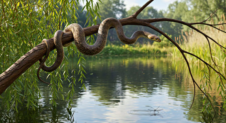 snake on a tree branch in the lake in a summer dayの写真素材