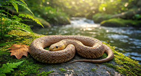 Close-up of a snake on a stone near a stream.
