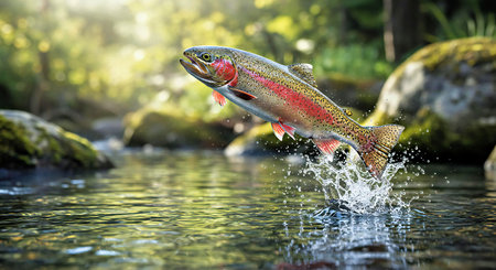 Rainbow trout jumping out of the water. Close-up.の写真素材