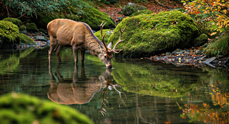 Beautiful red deer stag in the forest with reflection on the waterの写真素材