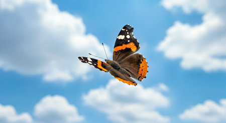 Butterfly on blue sky background. Colorful butterfly in nature.