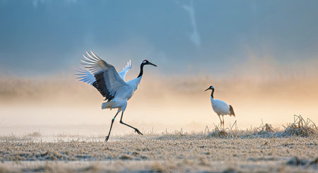 Sandhill Cranes in the mist.の写真素材