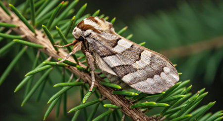 Moth on the branch of a coniferous tree. Macroの写真素材