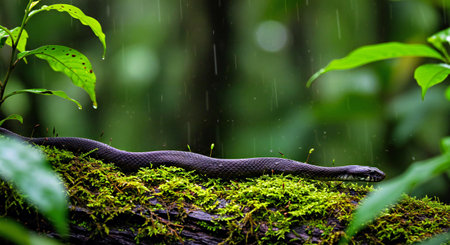 Grass snake on a tree in the rain forest, Thailand.の写真素材