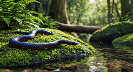 Red-bellied water snake on green moss in tropical rainforest