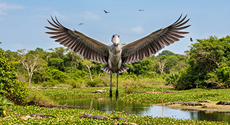 Heron flying in the Amazon rainforest, Amazonas, Brazilの写真素材