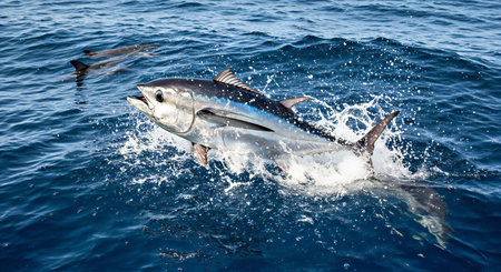 Tuna fish jumping out of the water to catch a fish.