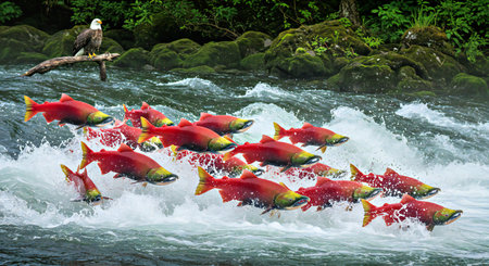 Flock of red fish at the rapids of the river.の写真素材