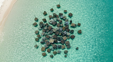 Aerial view of a group of stingrays near the beach.