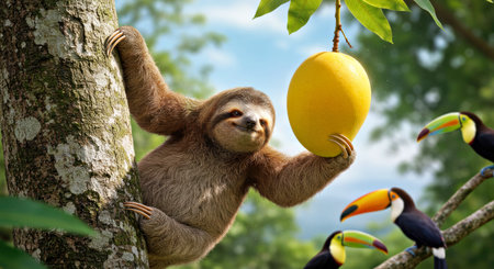 Cute sloth hanging on the tree and eating a mango.