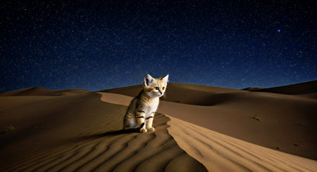 Cat in the desert at night with starry sky. 3d renderingの写真素材