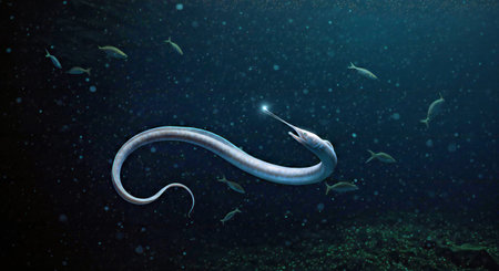 Underwater scene with sea fish and octopus. 3D rendering
