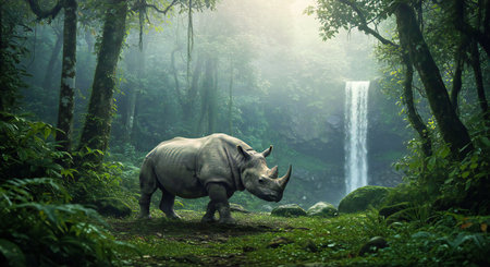 White rhinoceros in the rainforest with waterfall in the backgroundの写真素材