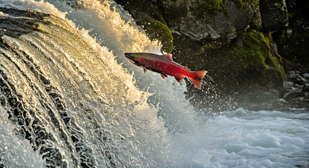 Big salmon jumping out of the water on the background of a waterfallの写真素材