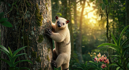White bear climbing on a tree in the jungle. Animal in nature.の写真素材