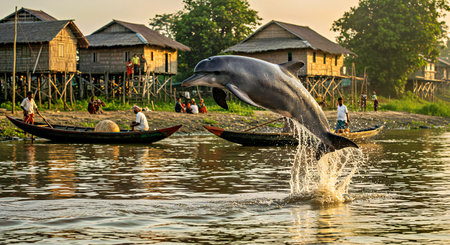 Dolphin jumps out of the water. Inle Lake, Myanmar.の写真素材