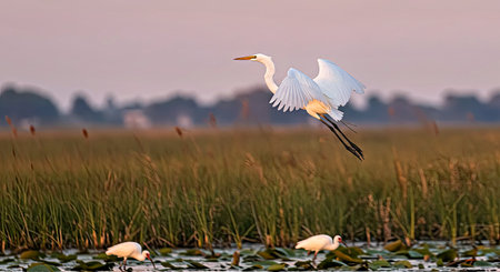 Great egret (Ardea alba) in flight at sunrise