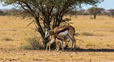 Springbok antelope (Aepyceros melampus) mother and baby in Chobe National Park, Botswana, Africa