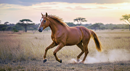 Beautiful horse galloping in the savannah at sunset, Kenya