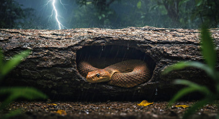 Grass snake in the cave with lightning and rain on the backgroundの写真素材