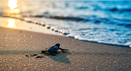 Little baby turtle on the seashore at sunset. Selective focus.の写真素材