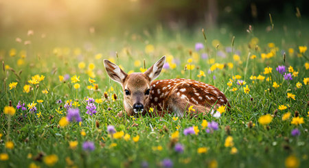 Fallow deer fawn in a meadow with wildflowersの写真素材
