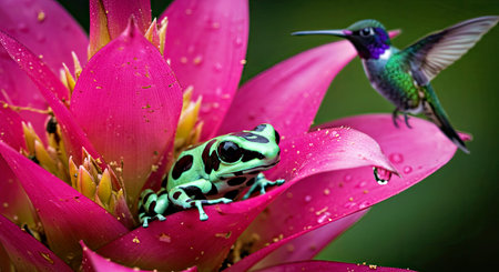 Green tree frog and hummingbird on a pink lotus flower
