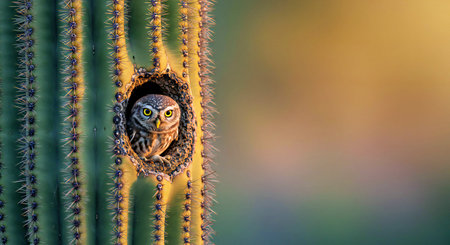 Cute little owl in the cactus at sunset time. Space for text.の写真素材