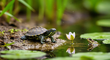 Turtle on the pond with water lily and frog in the backgroundの写真素材