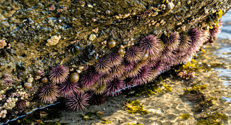Purple sea urchin on the rocks at low tide.