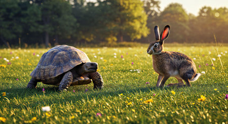 Two tortoises in the meadow at sunset.の写真素材