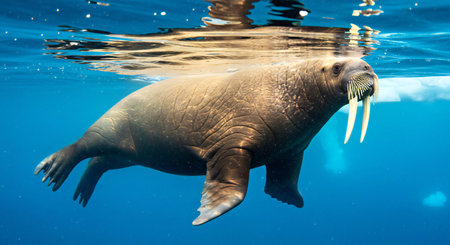 Walrus swimming underwater in the deep blue ocean. Animal portrait.の写真素材