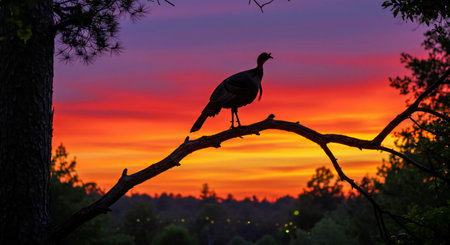 Silhouette of a turkey on a tree branch at sunset.の写真素材