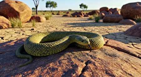 A green snake on a rock in the desert of Namibia.の写真素材