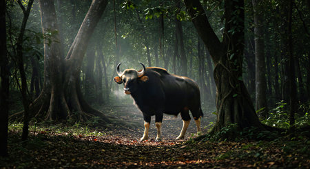 Banteng in the forest, Bali, Indonesiaの写真素材